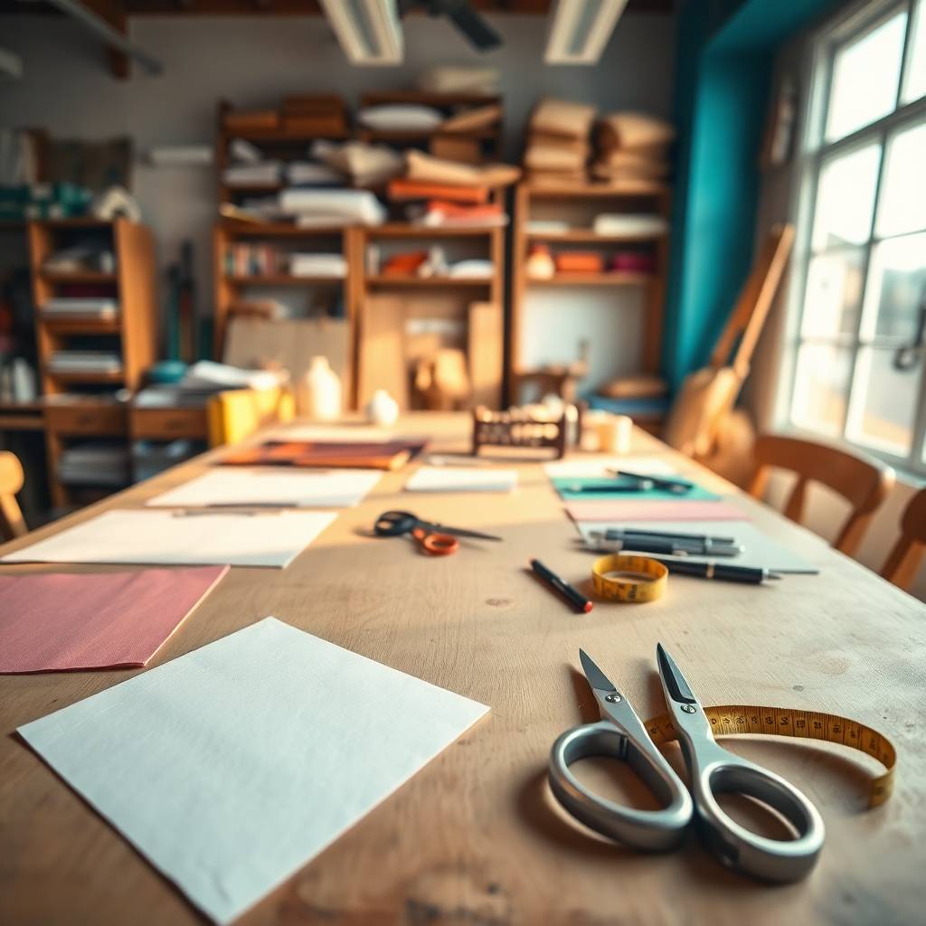4K HD professional photograph, birds-eye view, soft pastel colors, hyperrealistic style, creative light art, close-up of a table in a sunlit workshop. Papers, colored leather, scissors, pens, and a tape measure 